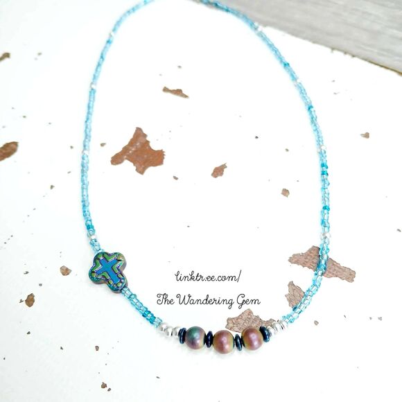 Dainty Plated Hematite Beaded Necklace, Minimalist Gemstone Jewelry, 16" - Picture 1 of 6